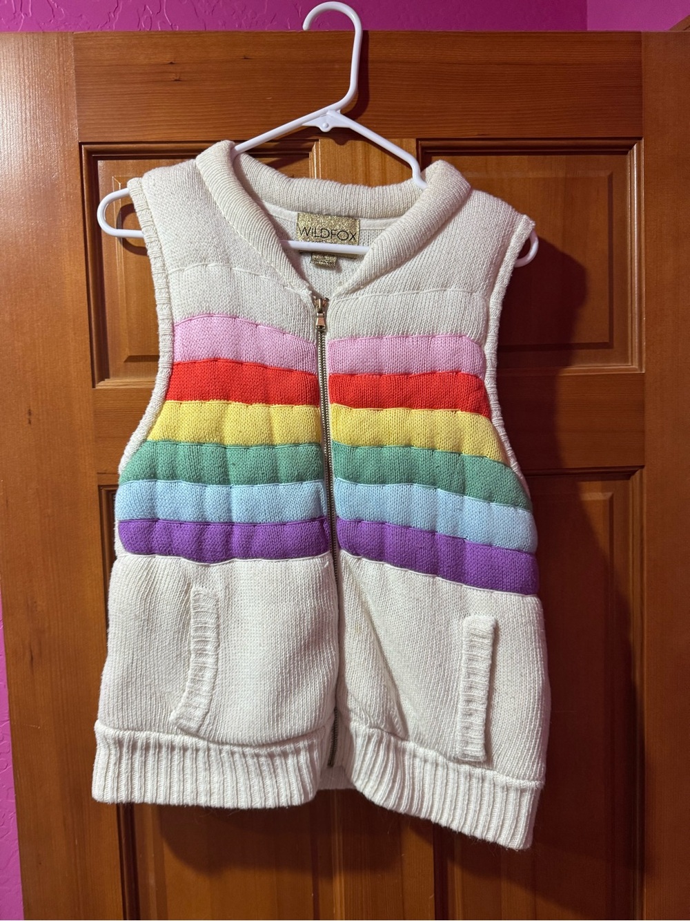 Wildfox Cream Knit Vest with Rainbow Stripe Bands